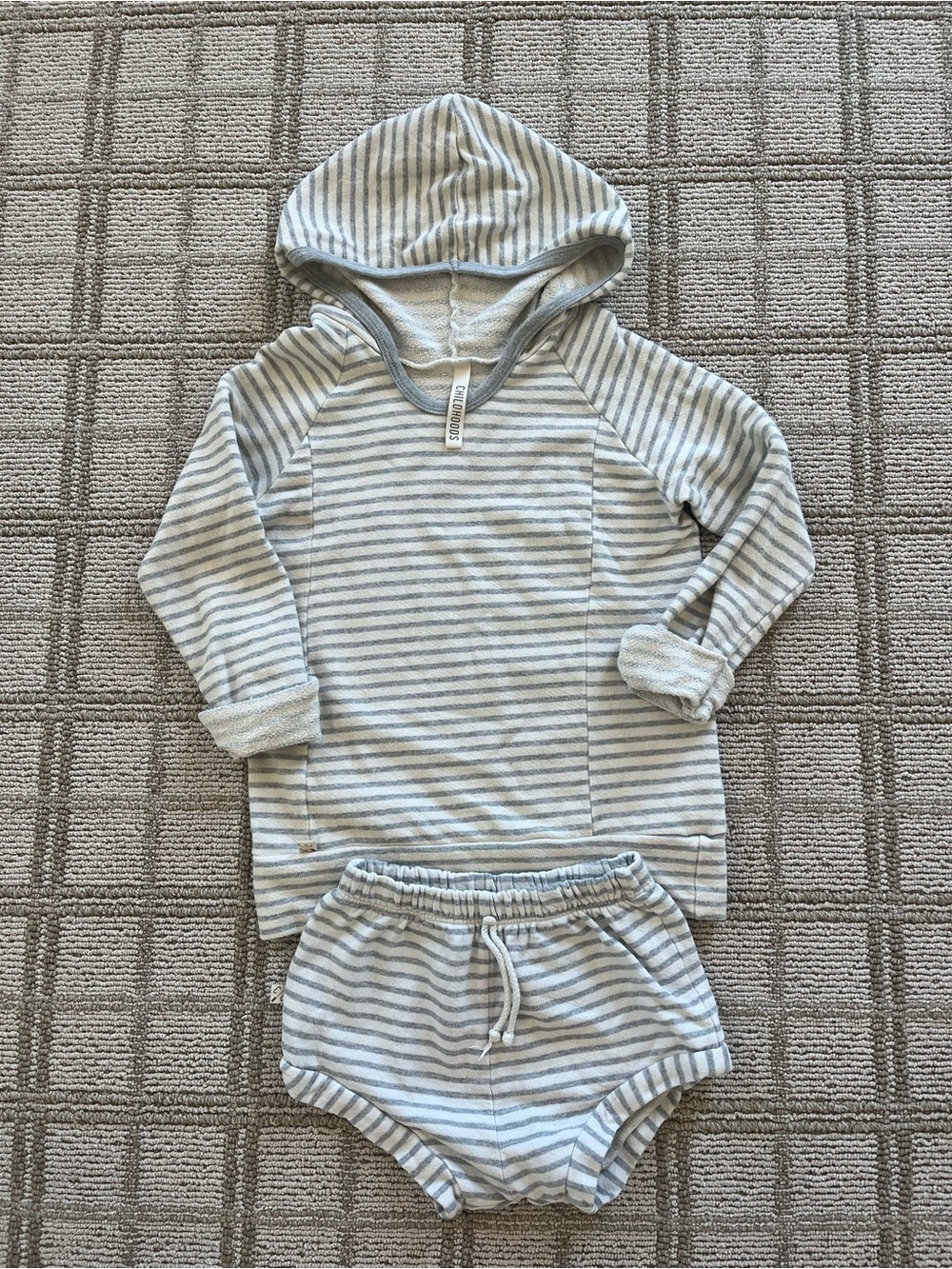 Striped Hooded Sweatshirt + Matching Shorts — Light Gray & White